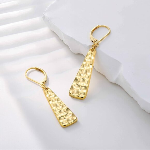 14K GoldA Plated  French Lightweight Square Bar Long Drop Leverback Earring - Picture 6 of 7